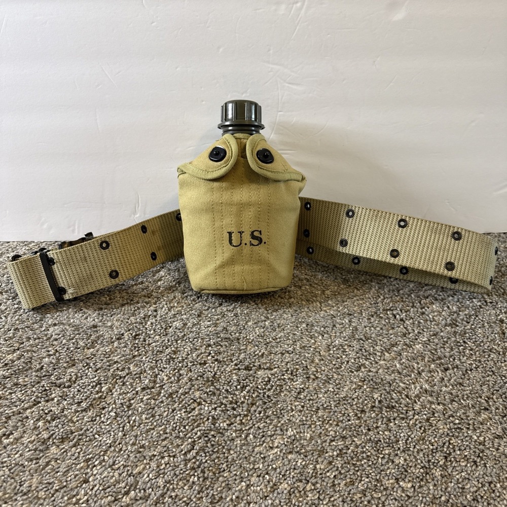Vintage 1942 US Military Canteen‎ S.M. CO Aluminum Canvas Cover Pistol Belt WWII